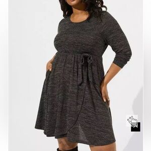 Torrid Size 0 At The Knee Hacci Faux Wrap Dark Grey Long Sleeve Super Soft Dress